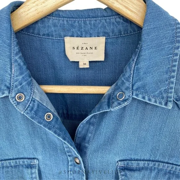 Sézane Women's Servanne Button Down Long Sleeve Shirt | 36 (4) | Chambray Denim - Picture 4 of 16